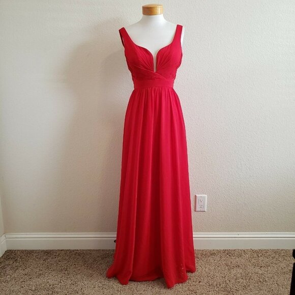 Cinderella Divine Red Plunging V Neck Long Gown Prom Formal Bridesmaid Dress - Picture 2 of 12